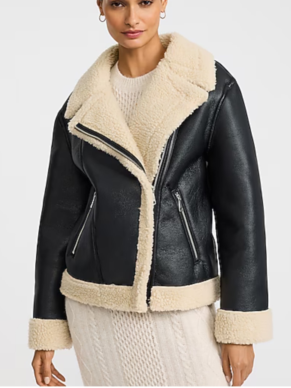 Express Black Faux Leather Moto Jacket with Cream Shearling